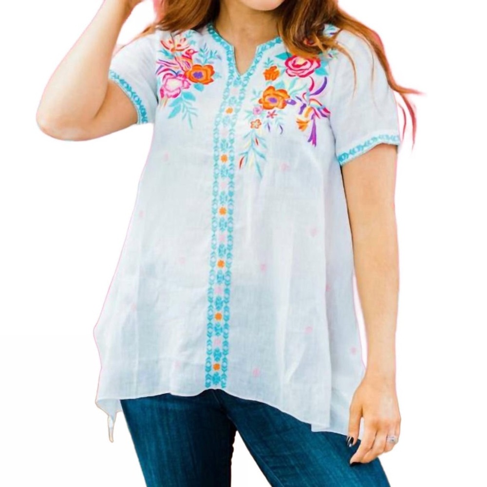 Layerz Clothing Sicily Linen Floral Embriodered Top Sz S